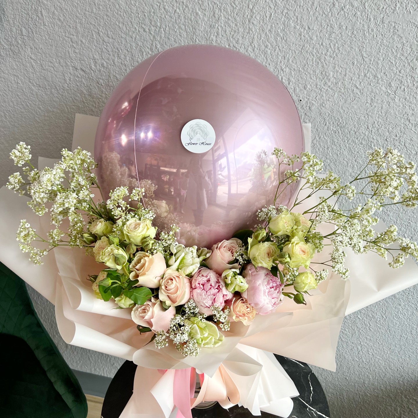 Pink Flower Ballon Hand Tied Bouquet 