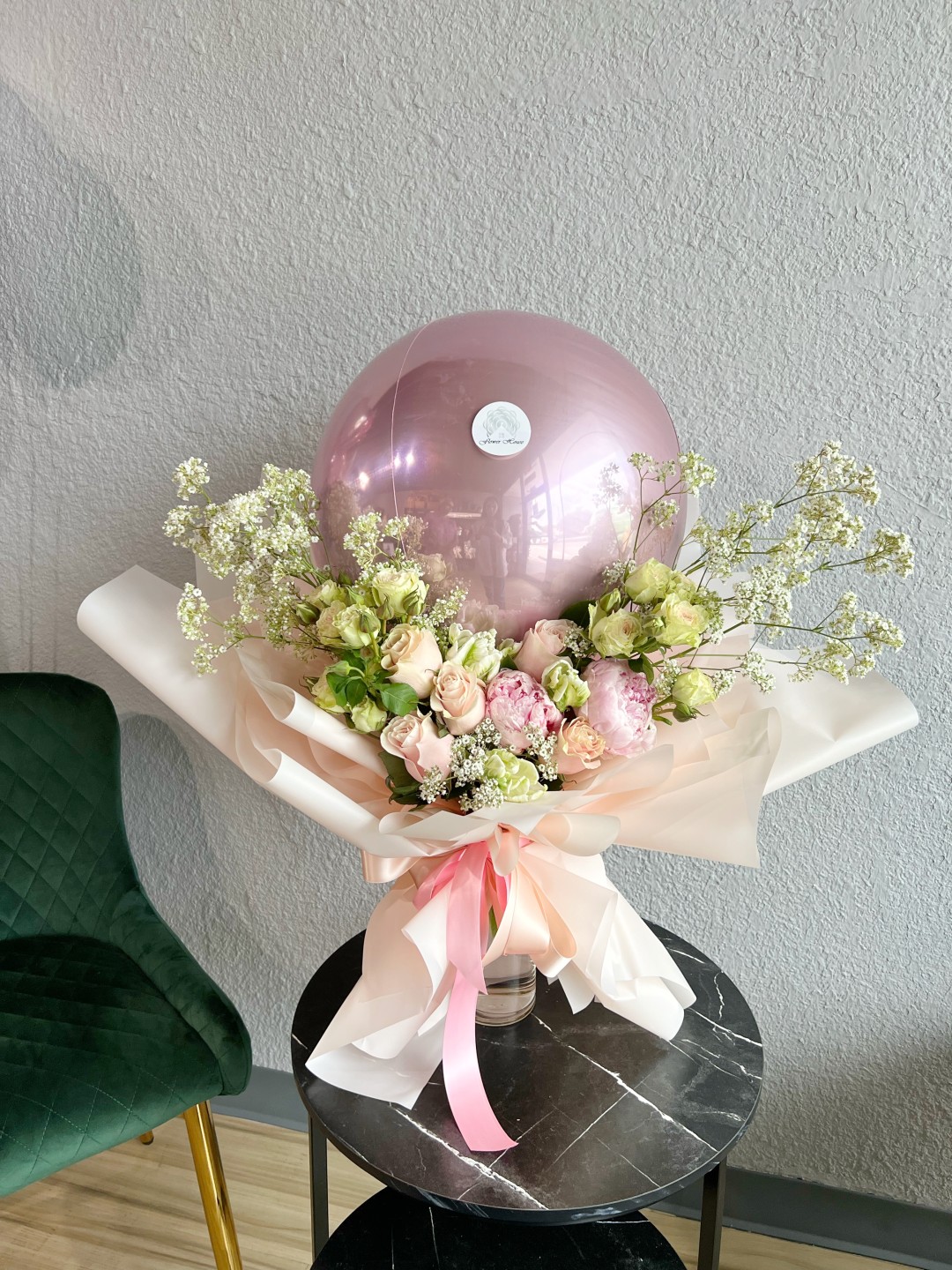 Pink Flower Ballon Hand Tied Bouquet 