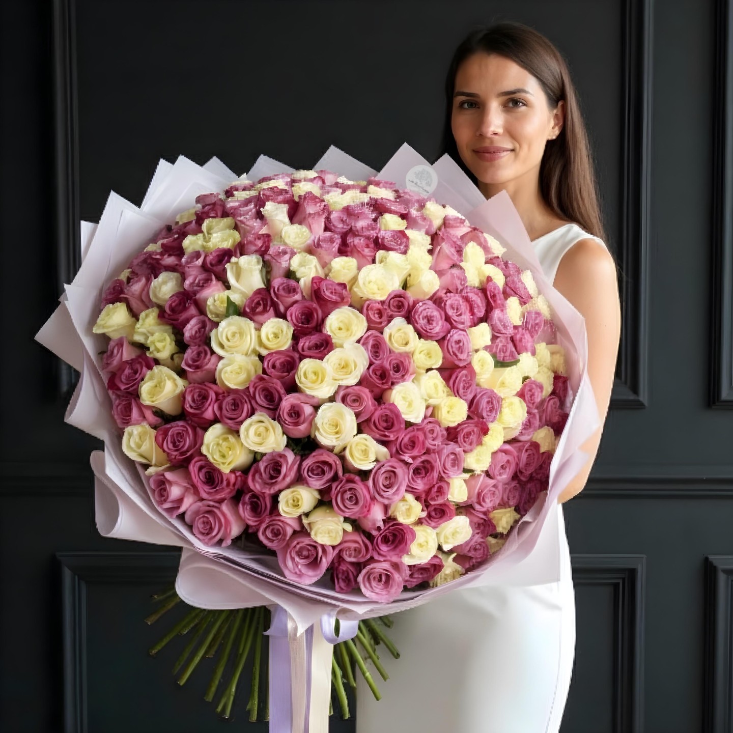 200 White and Purple Roses Hand Tied Bouquet