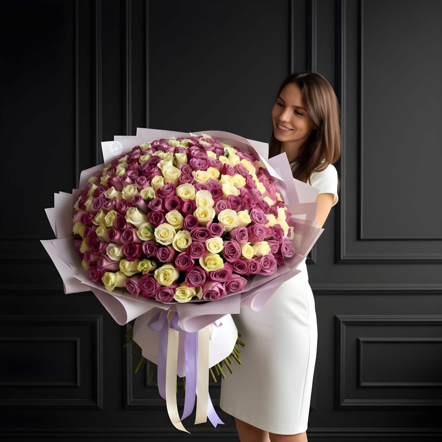 200 White and Purple Roses Hand Tied Bouquet