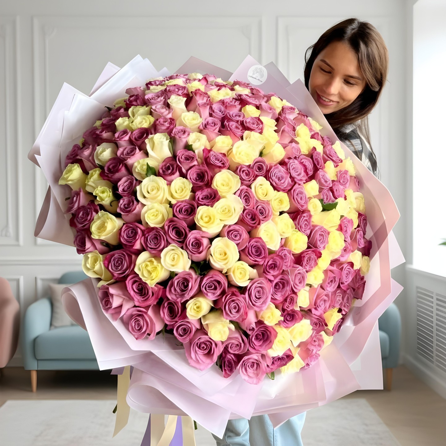 200 White and Purple Roses Hand Tied Bouquet