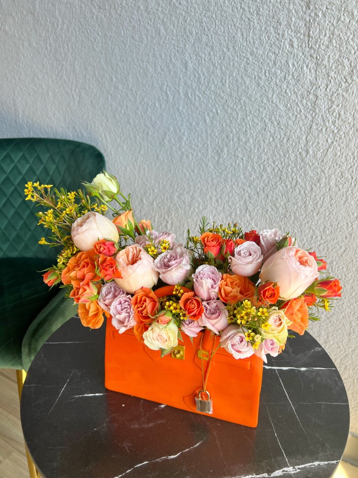 Orange Bag Fresh Flowers Vase Arrangement