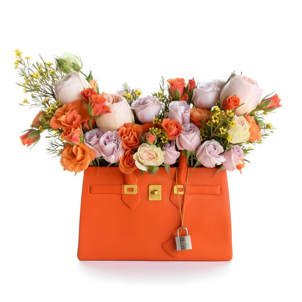 Orange Bag Fresh Flowers Vase Arrangement (Roses, Spray Roses, Garden
