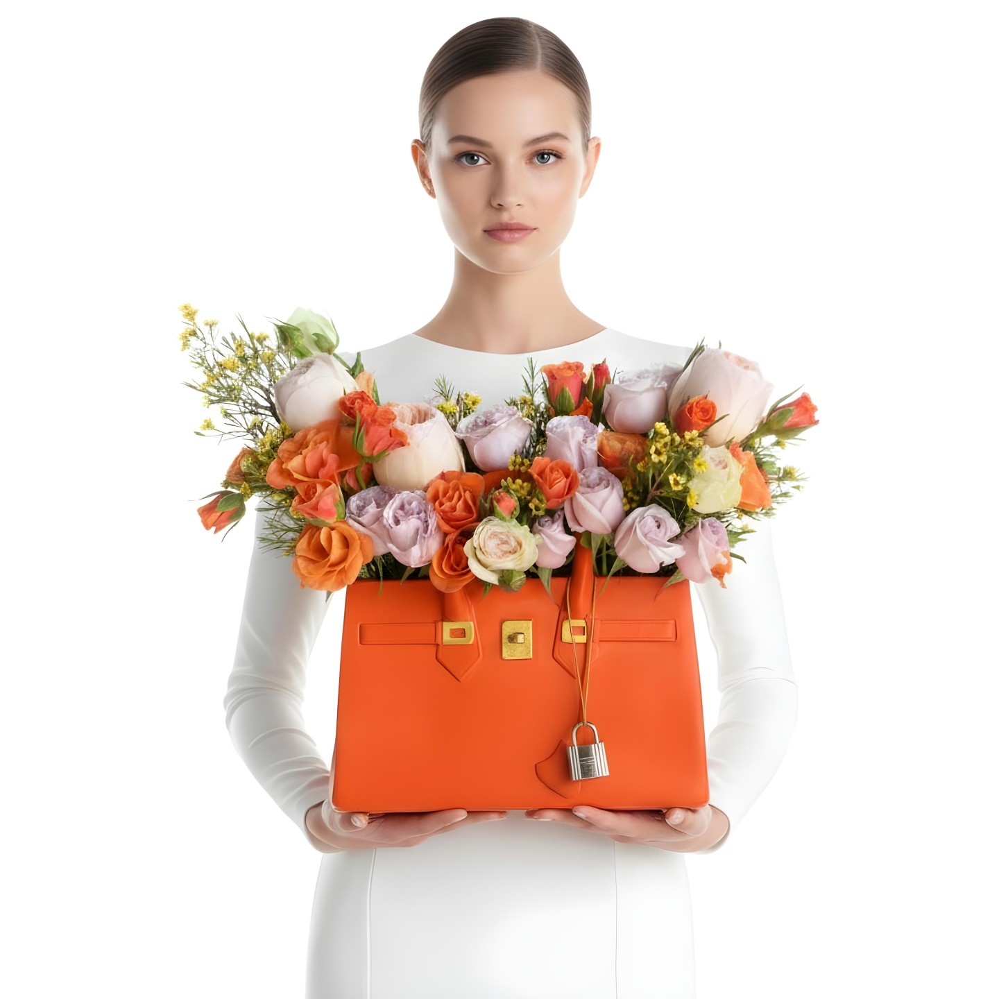 Orange Bag Fresh Flowers Vase Arrangement (Roses, Spray Roses, Garden Roses) Orange Bag Fresh Flowers Vase Arrangement (Roses, Spray Roses, Garden Roses)