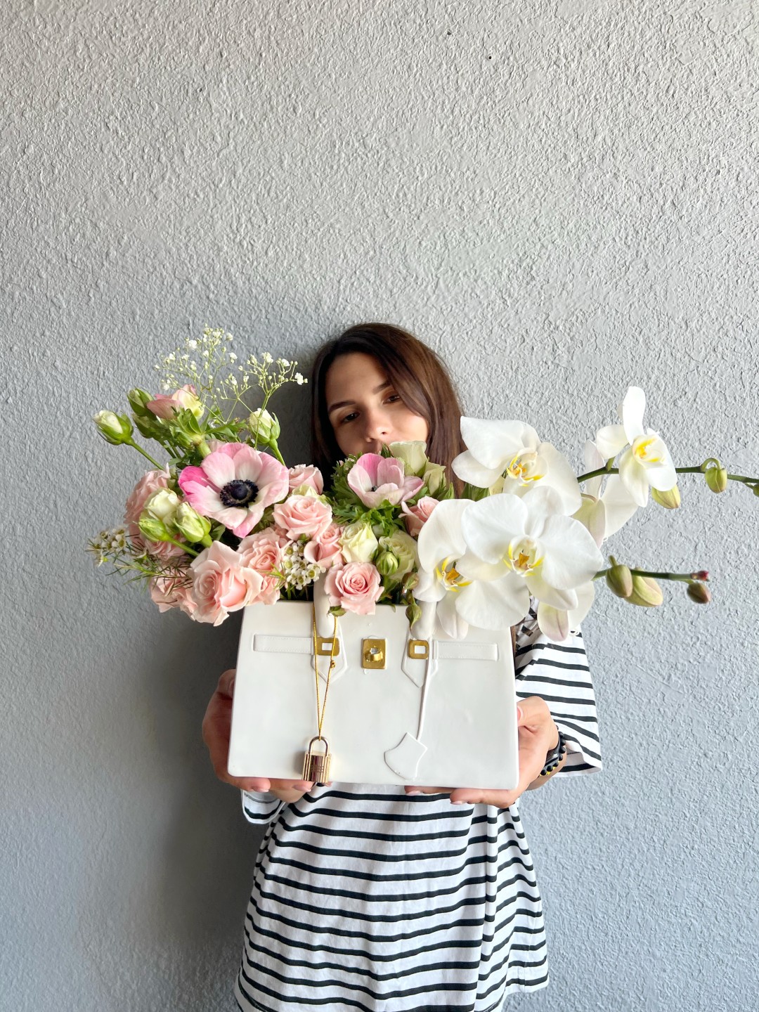 White Bag Fresh Flowers Vase Arrangement