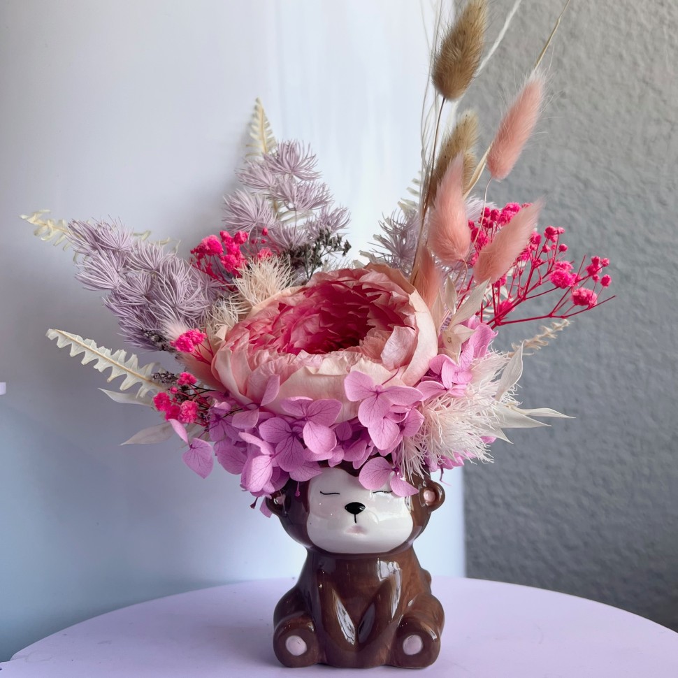 Ceramic Monkey Vase with Preserved peony