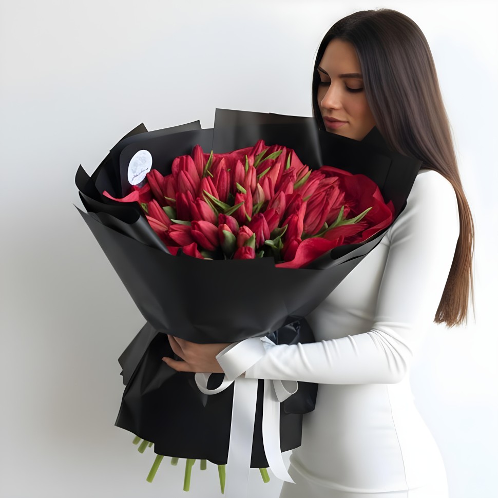 50 Red Tulips Hand Tied Bouquet
