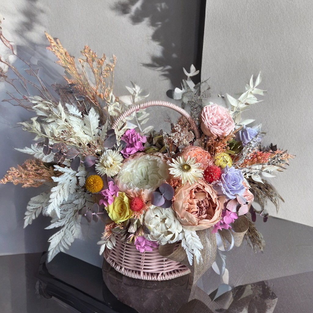 Pink Basket with Preserved Peonies and Roses