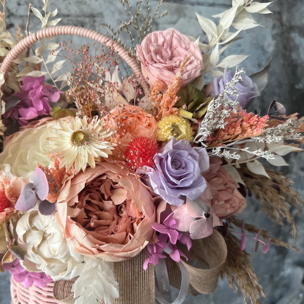 Pink Basket with Preserved Peonies and Roses