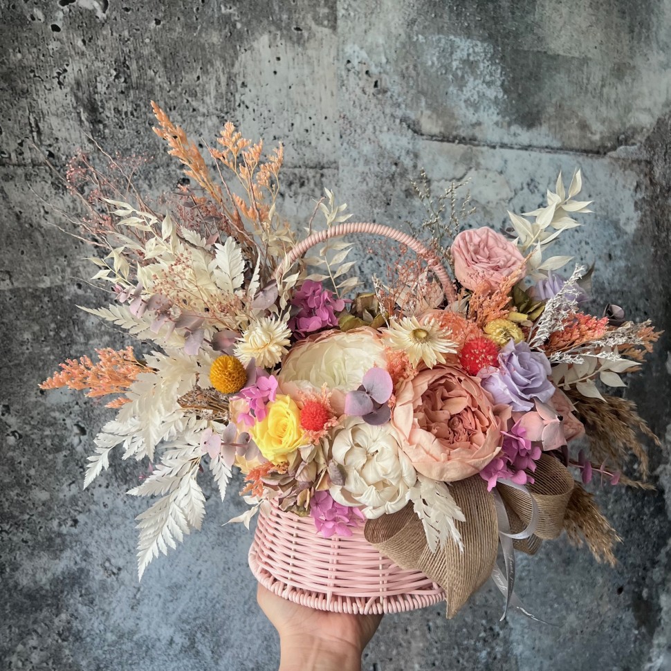 Pink Basket with Preserved Peonies and Roses