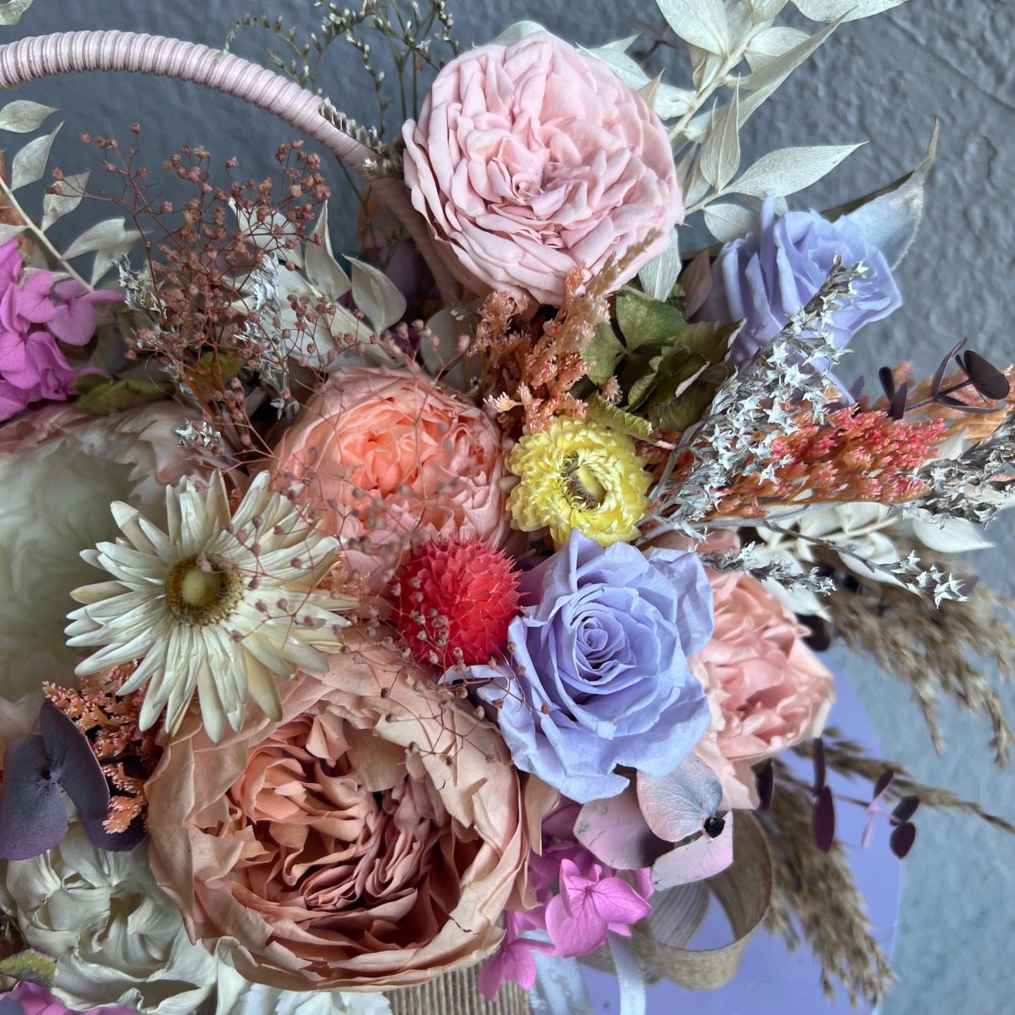 Pink Basket with Preserved Peonies and Roses