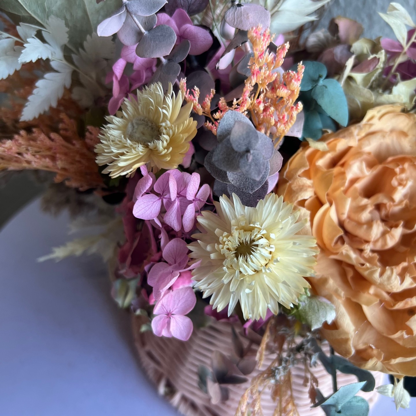 Pink Basket with Preserved Peonies and Roses