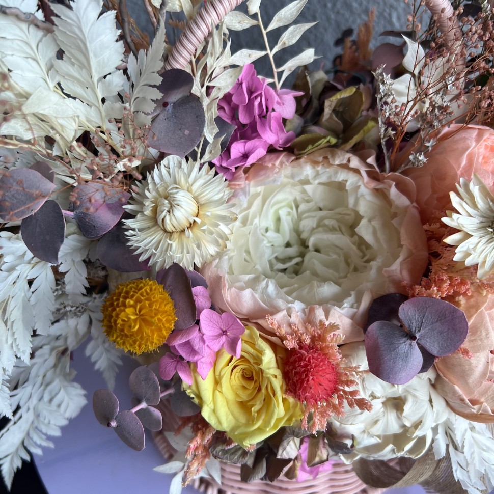 Pink Basket with Preserved Peonies and Roses
