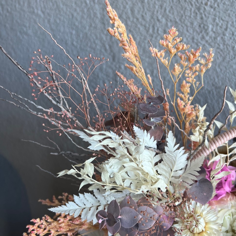 Pink Basket with Preserved Peonies and Roses