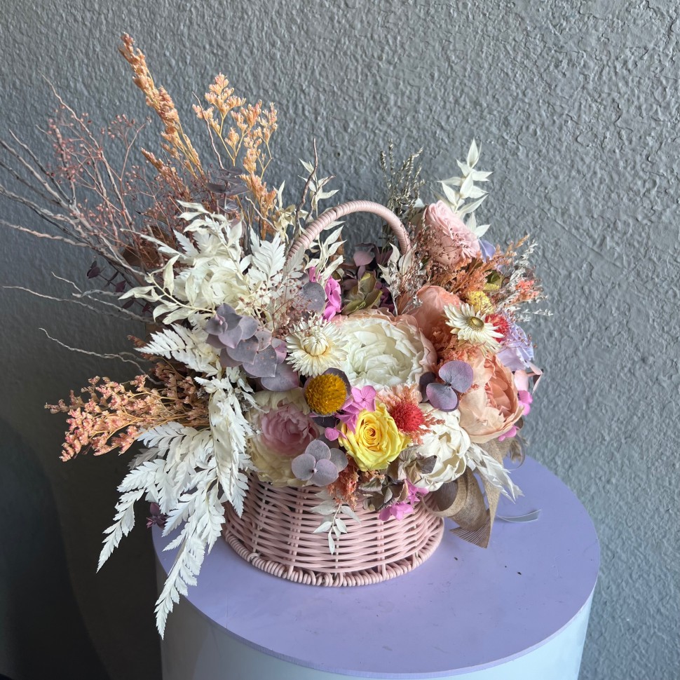 Pink Basket with Preserved Peonies and Roses