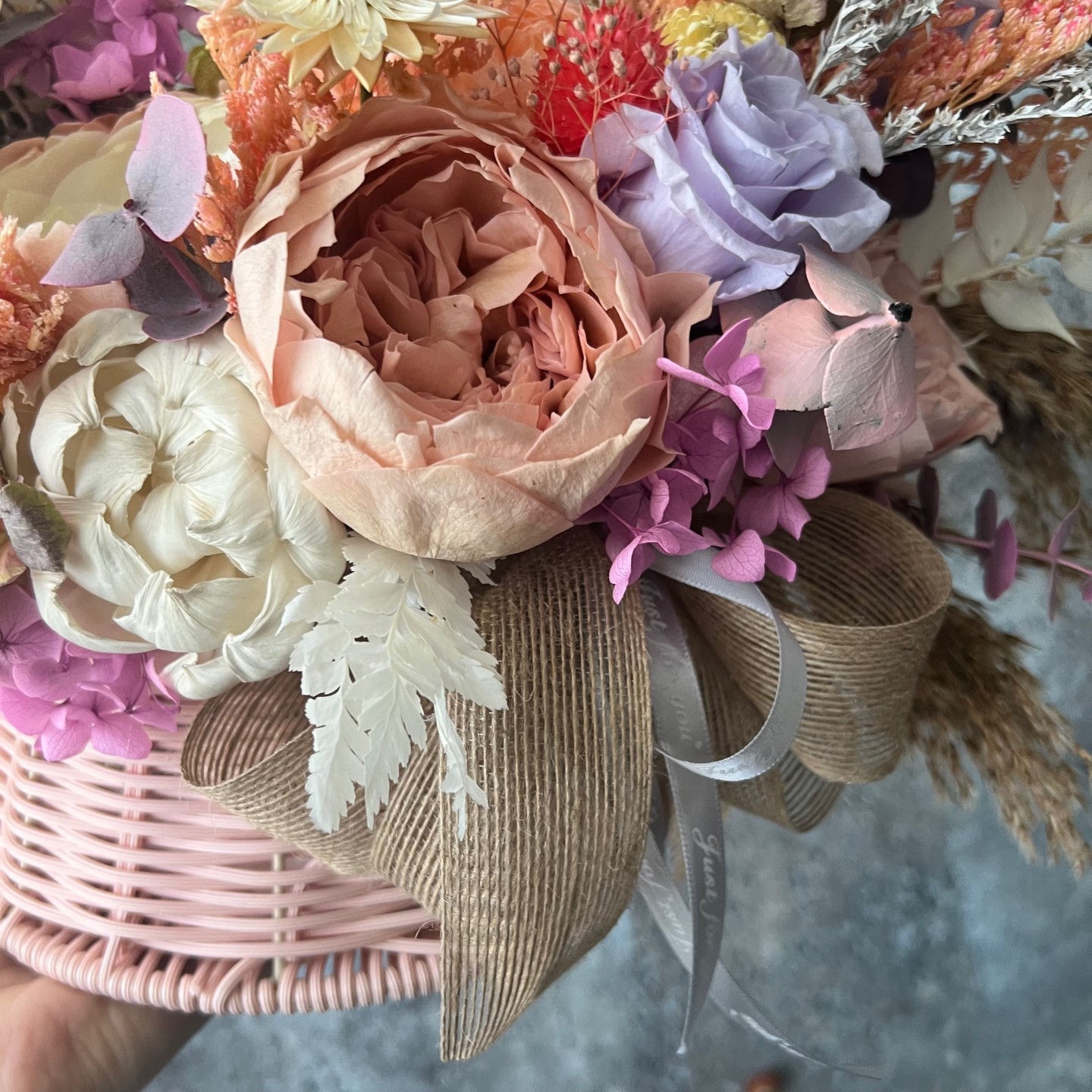 Pink Basket with Preserved Peonies and Roses