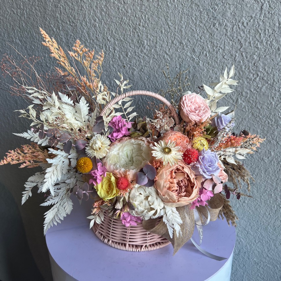 Pink Basket with Preserved Peonies and Roses