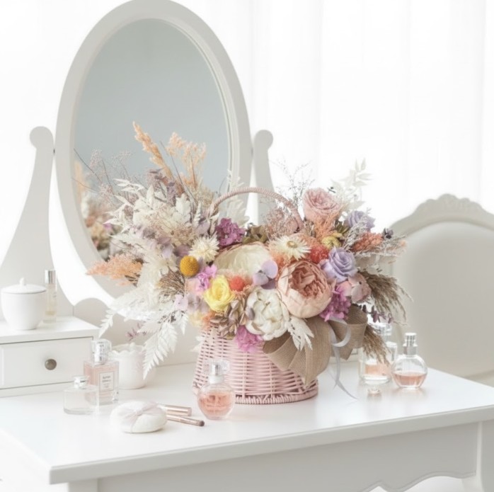 Pink Basket with Preserved Peonies and Roses