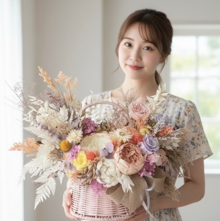 Pink Basket with Preserved Peonies and Roses