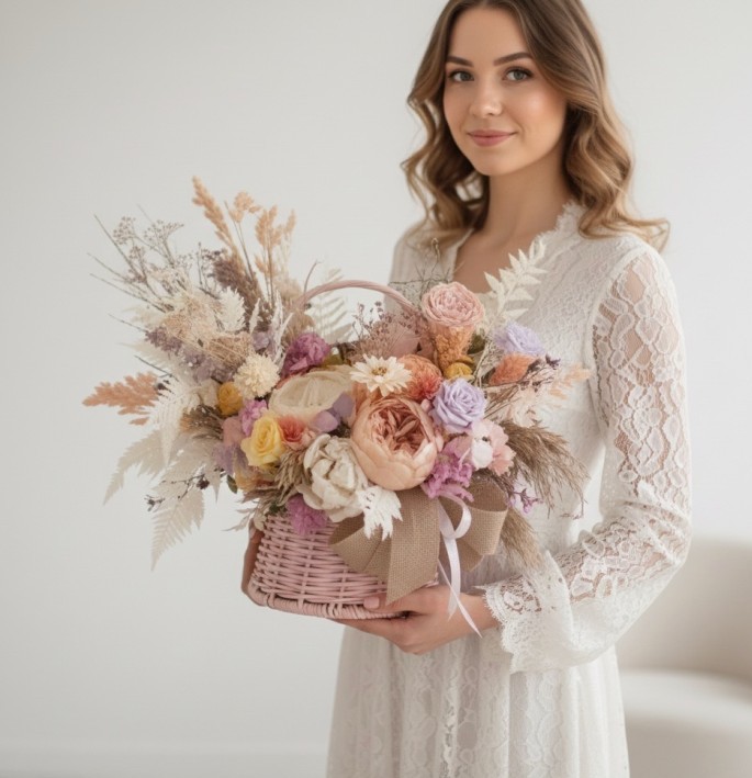 Pink Basket with Preserved Peonies and Roses