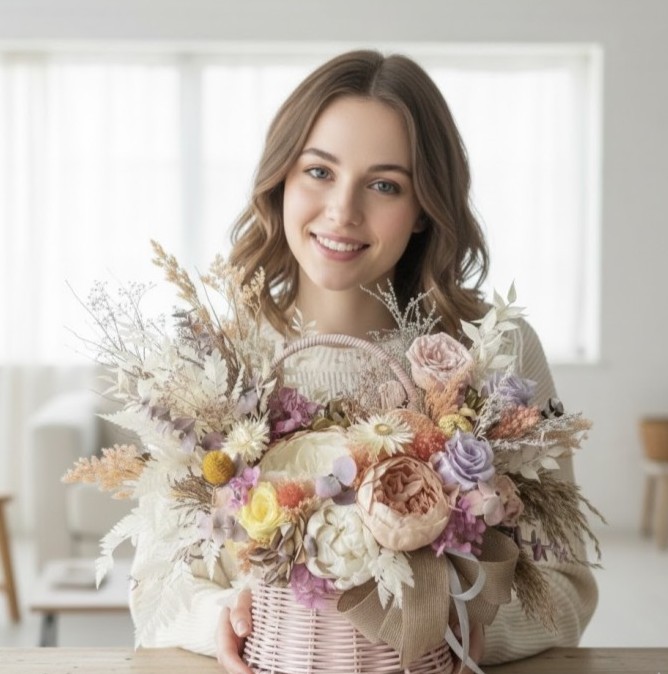 Pink Basket with Preserved Peonies and Roses