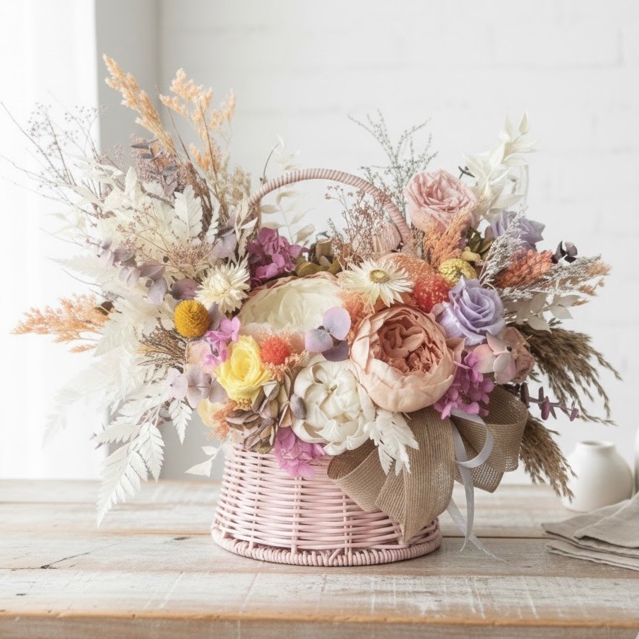 Pink Basket with Preserved Peonies and Roses Pink Basket with Preserved Peonies and Roses