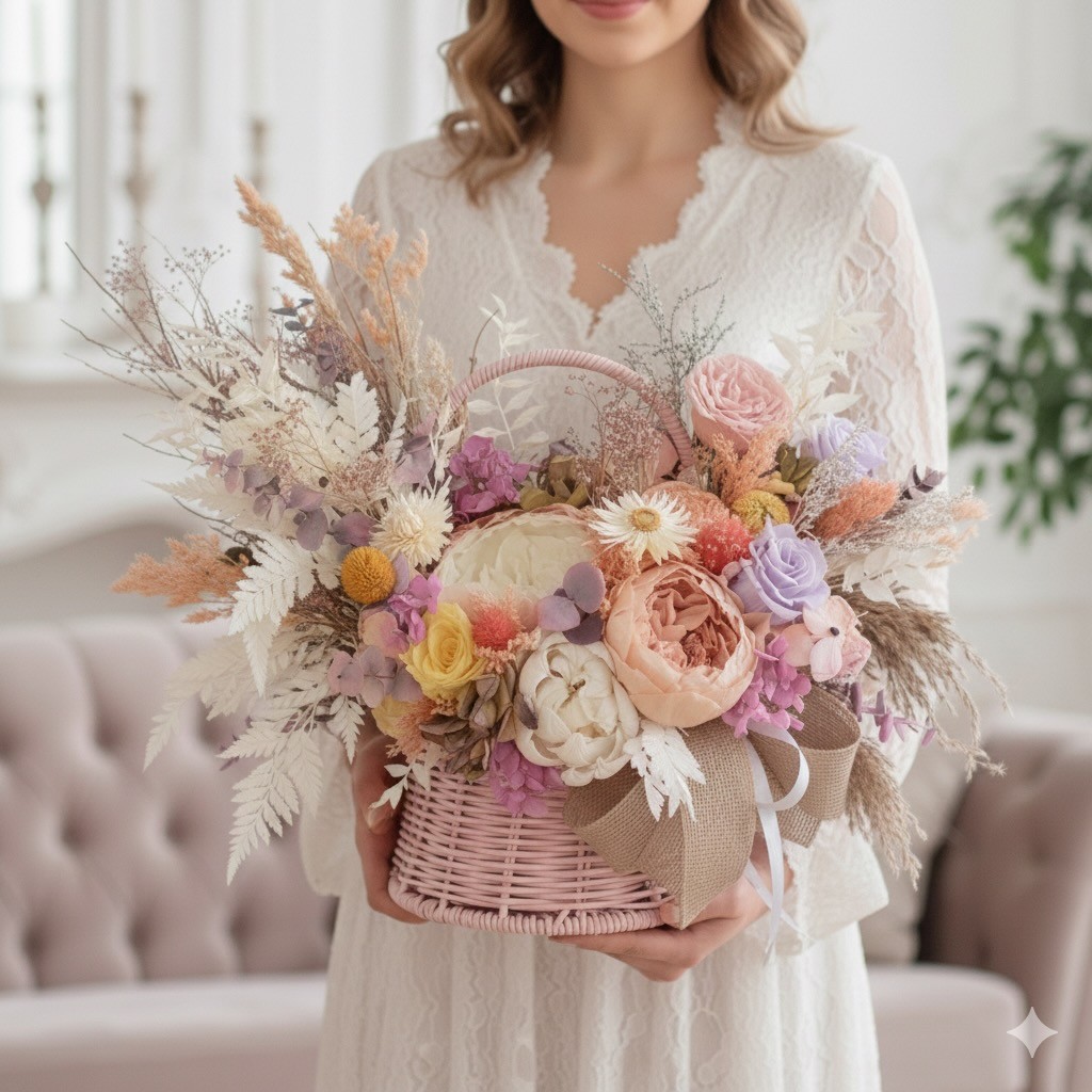 Pink Basket with Preserved Peonies and Roses