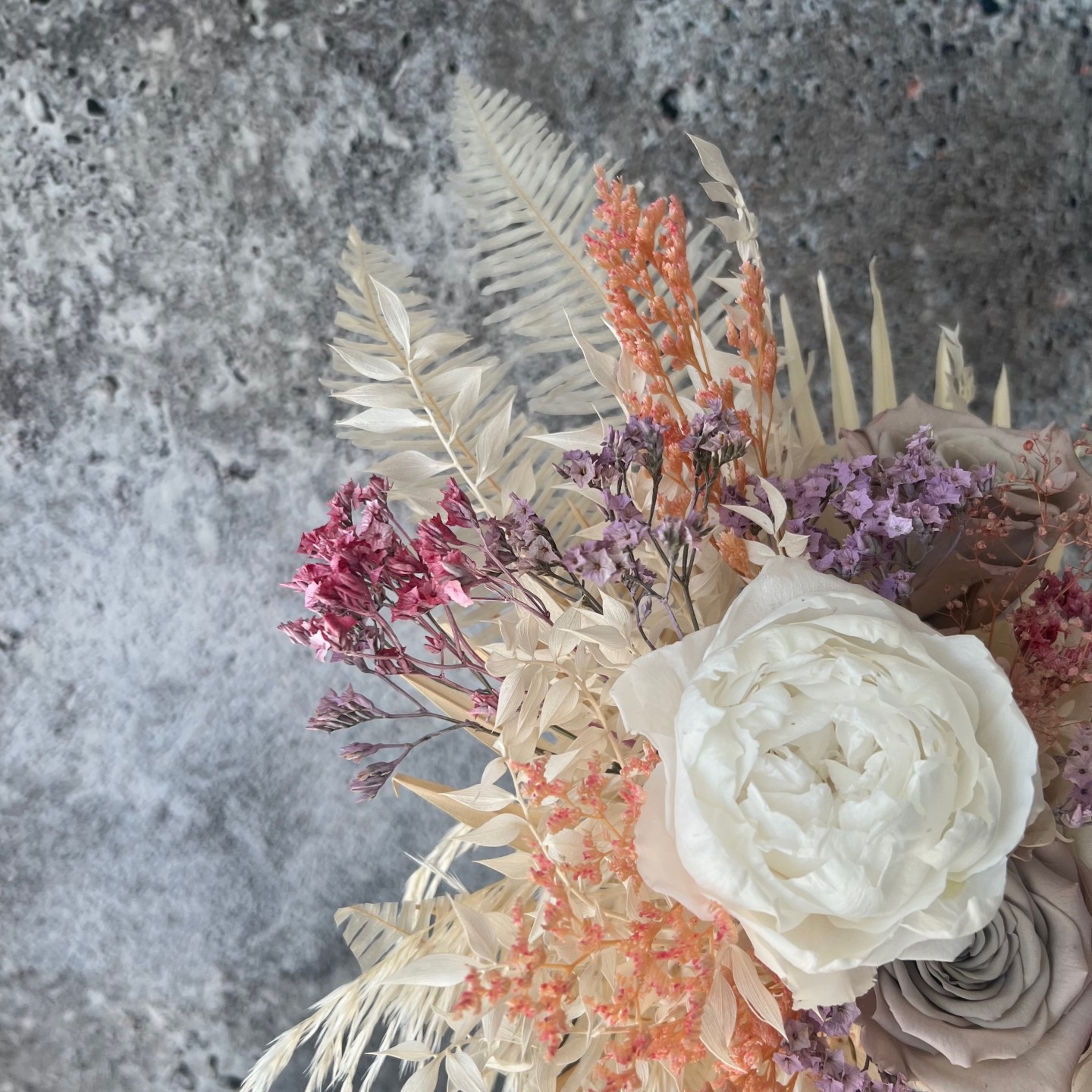 Silver Bag vase with Preserved Peonies and Roses