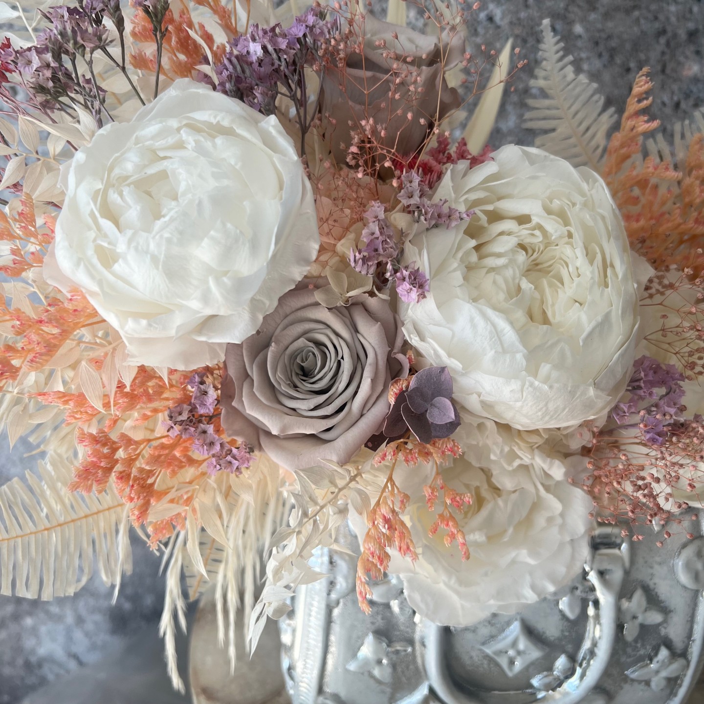 Silver Bag vase with Preserved Peonies and Roses