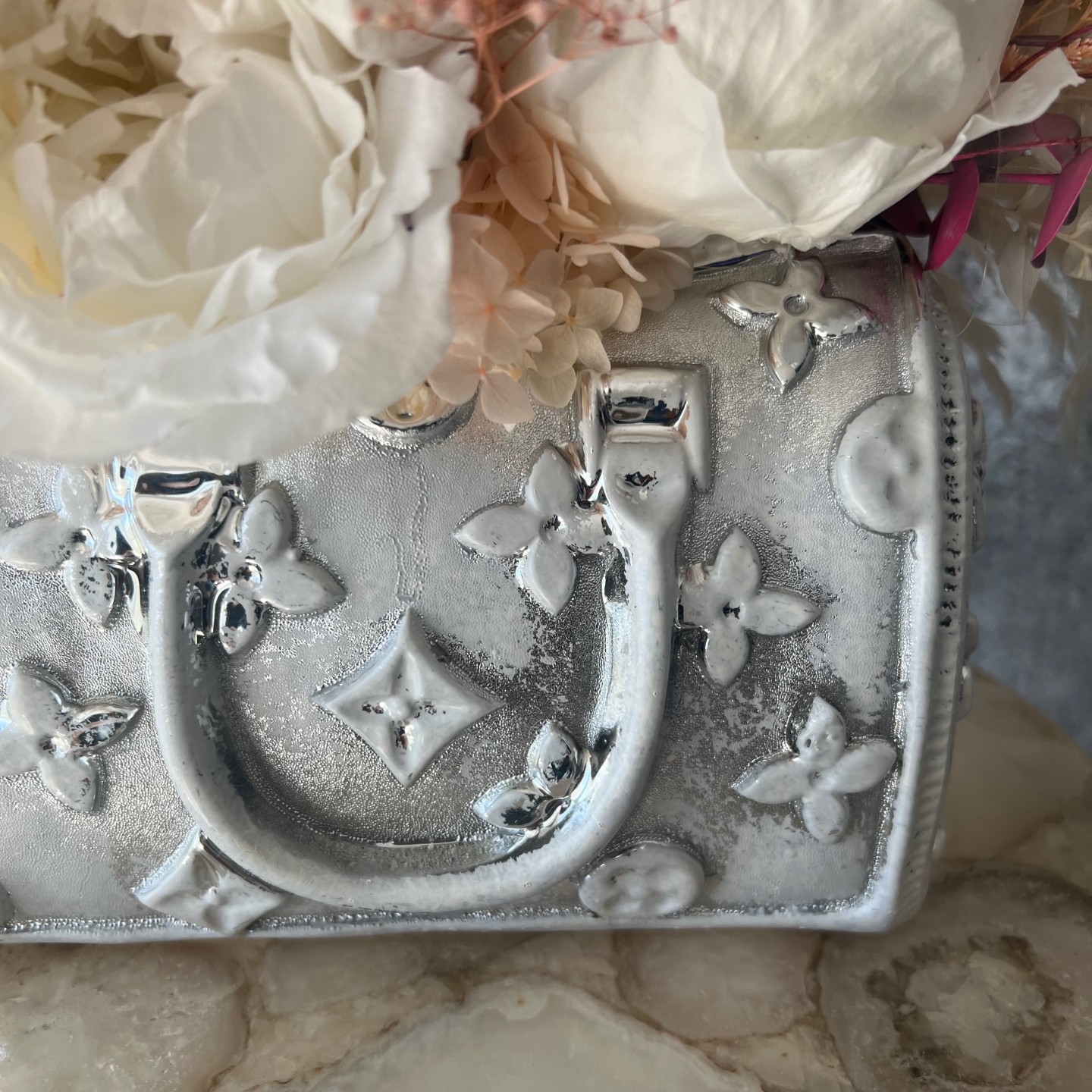 Silver Bag vase with Preserved Peonies and Roses