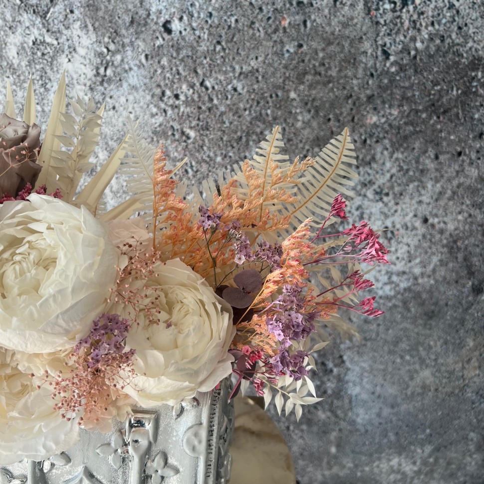 Silver Bag vase with Preserved Peonies and Roses