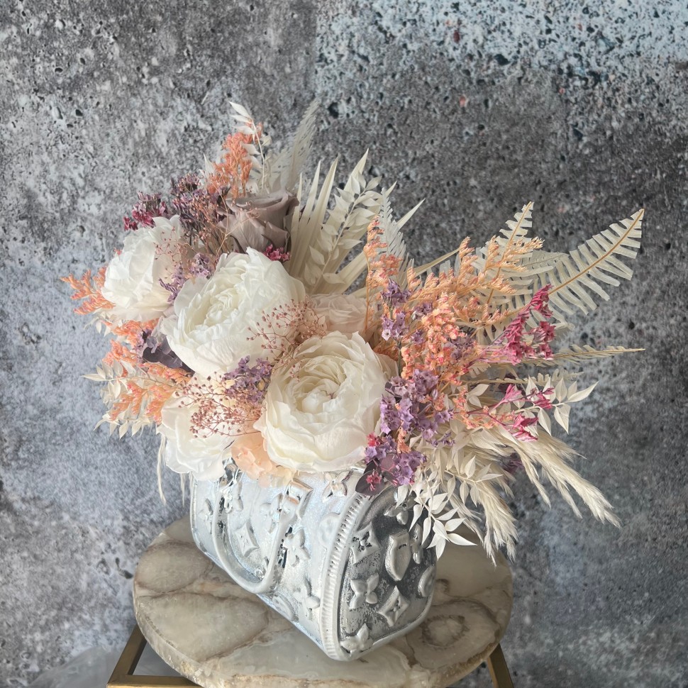Silver Bag vase with Preserved Peonies and Roses