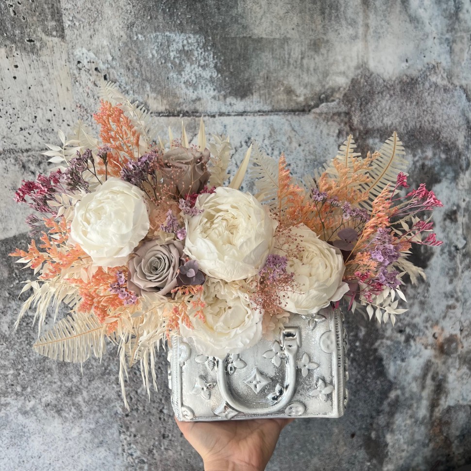 Silver Bag vase with Preserved Peonies and Roses