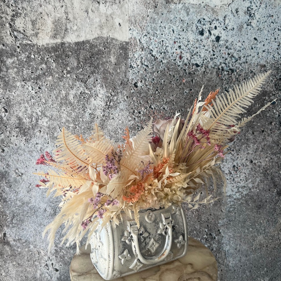Silver Bag vase with Preserved Peonies and Roses