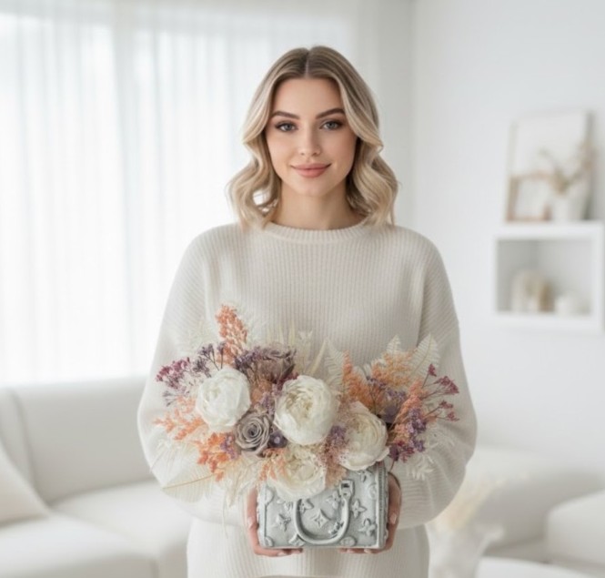 Silver Bag vase with Preserved Peonies and Roses