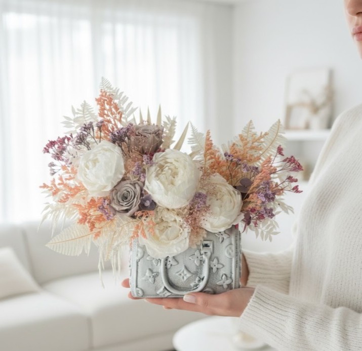 Silver Bag vase with Preserved Peonies and Roses