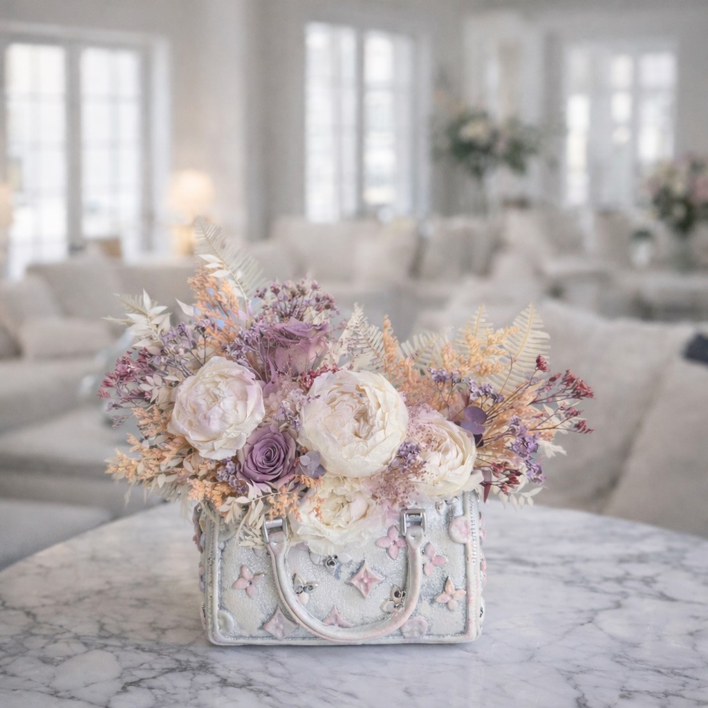Silver Bag vase with Preserved Peonies and Roses Silver Bag vase with Preserved Peonies and Roses