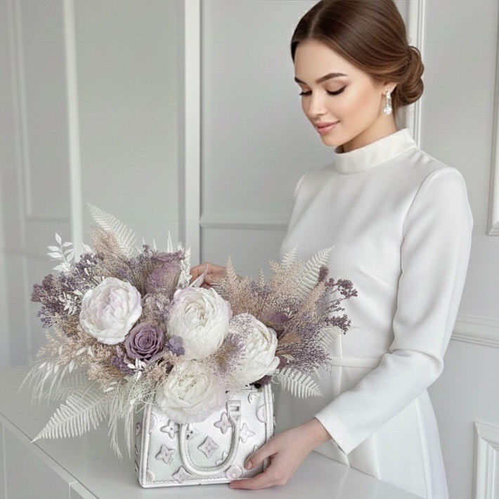 Silver Bag vase with Preserved Peonies and Roses Silver Bag vase with Preserved Peonies and Roses