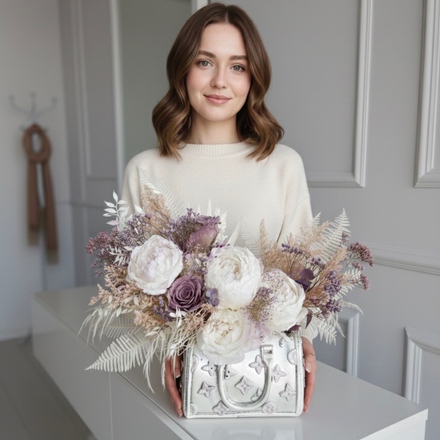 Silver Bag vase with Preserved Peonies and Roses