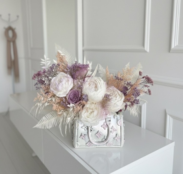 Silver Bag vase with Preserved Peonies and Roses Silver Bag vase with Preserved Peonies and Roses