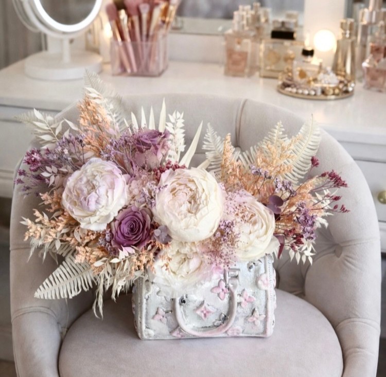 Silver Bag vase with Preserved Peonies and Roses Silver Bag vase with Preserved Peonies and Roses