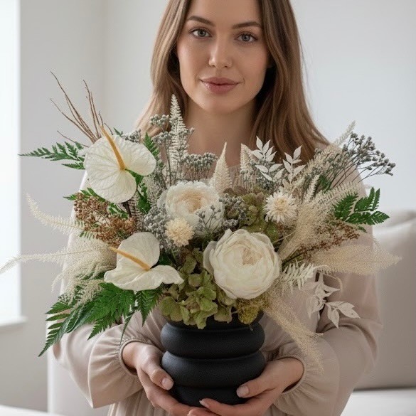 Black vase with White Preserved Peonies and Anturiums