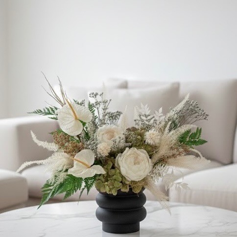Black vase with White Preserved Peonies and Anturiums