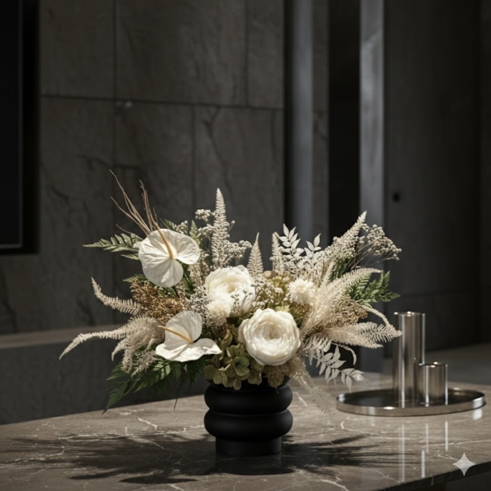 Black vase with White Preserved Peonies and Anturiums