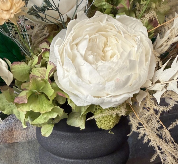 Black vase with White Preserved Peonies and Anturiums