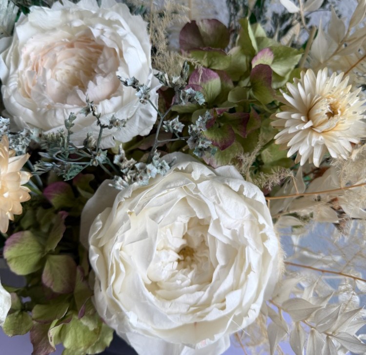 Black vase with White Preserved Peonies and Anturiums
