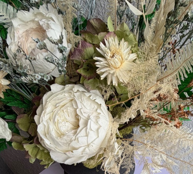 Black vase with White Preserved Peonies and Anturiums