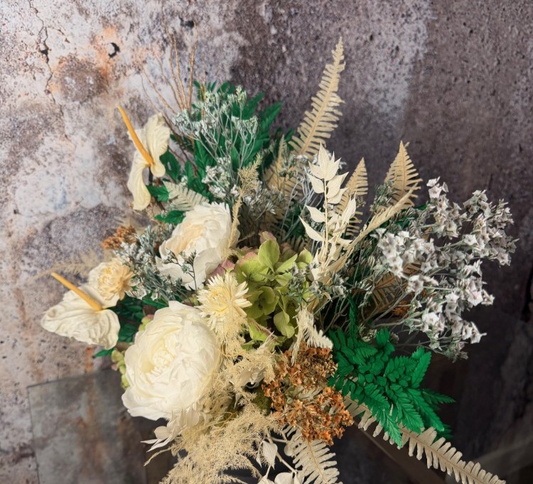 Black vase with White Preserved Peonies and Anturiums