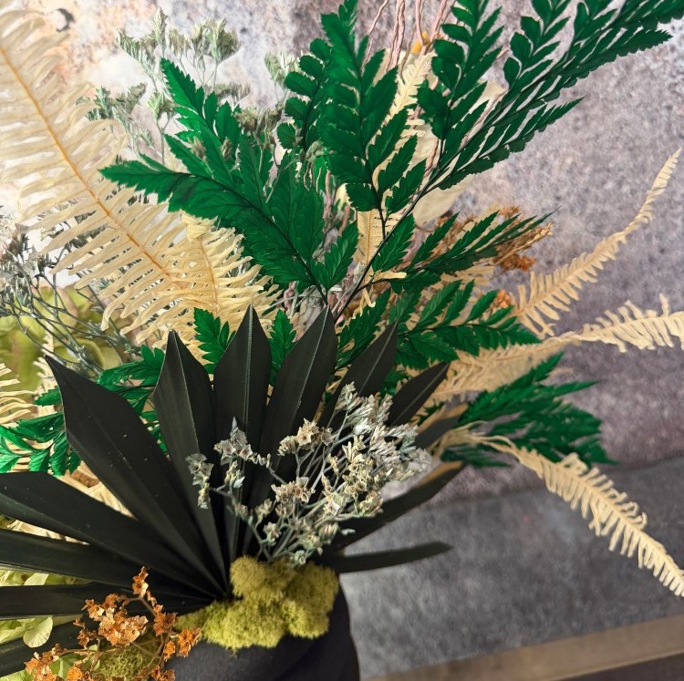 Black vase with White Preserved Peonies and Anturiums