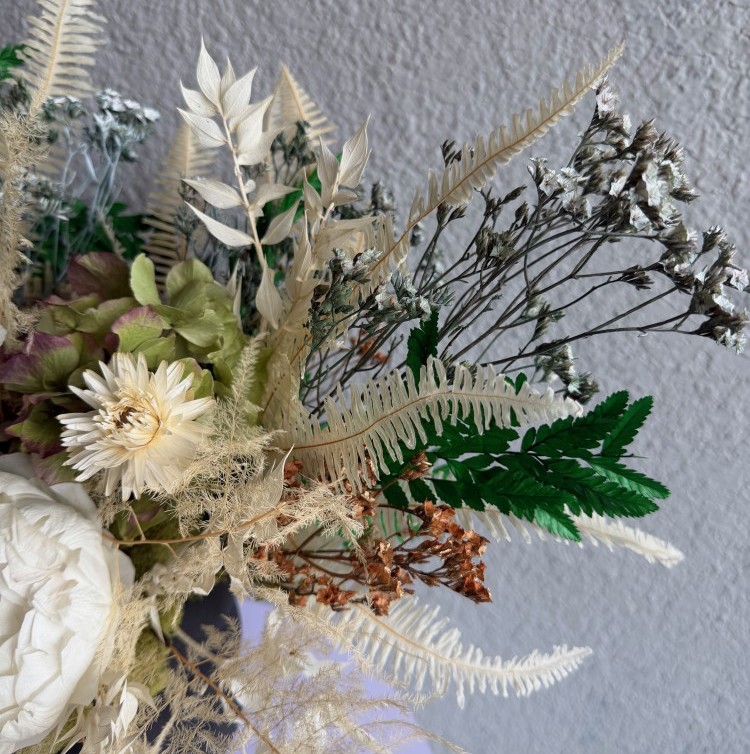 Black vase with White Preserved Peonies and Anturiums